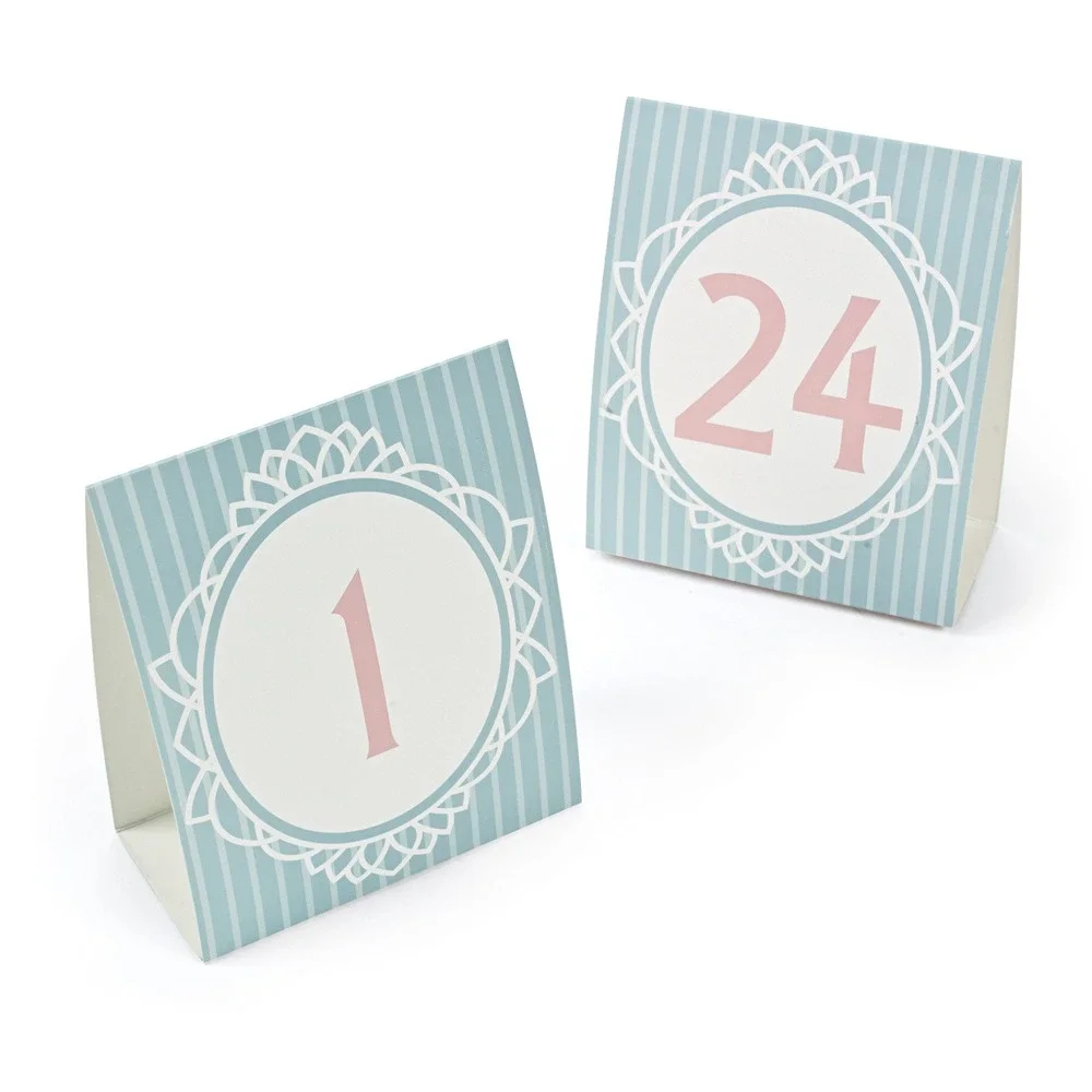 Wedding‎ Table Numbers 1-24 Tent Style Blue Pinstripe Pink Lace Design Decor Set